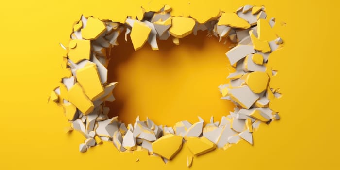 Breaking out of a hole in solid Yellow wall, torn hole, empty copy space frame, mockup. Generative AI image weber.