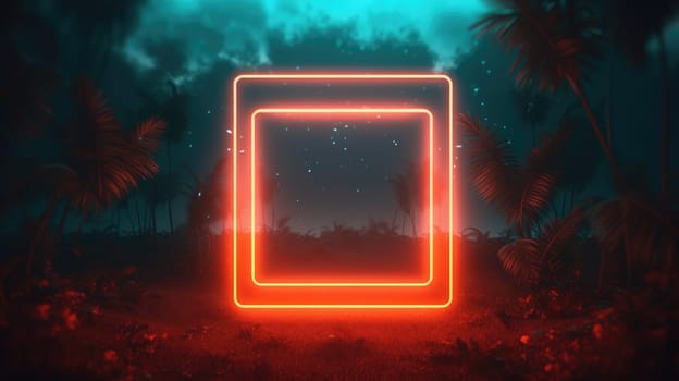 Glowing neon square frame over abstract landscape. Generative AI image weber.