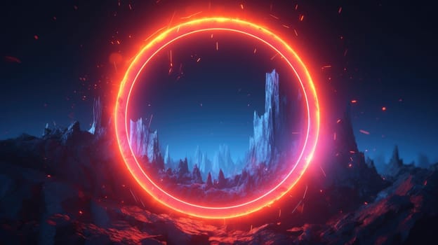 Glowing neon circle frame over abstract landscape. Generative AI image weber.