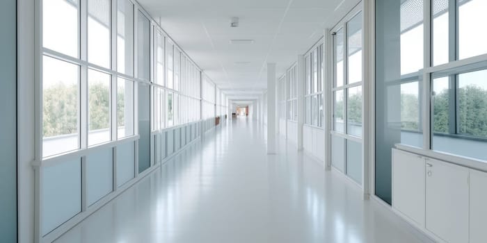 Hospital corridor with windows, in the style of bokeh, light gray, bauhaus, light white, skillful. Generative AI image weber.