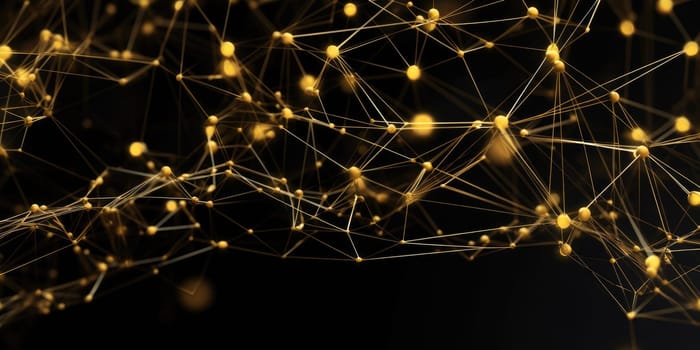 3D network connections with plexus design black and gold color background wallpaper. Generative AI image weber.