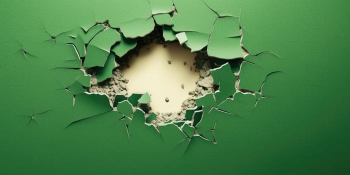 Breaking out of a hole in solid Green wall, torn hole, empty copy space frame, mockup. Generative AI image weber.