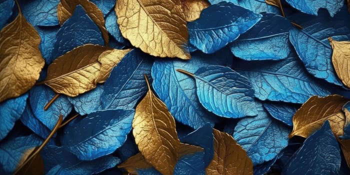 Dry Gold Blue leaves Surface textured background, realism, realistic, hyper realistic. Generative AI image weber.