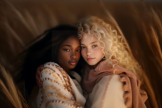 two sisters of choice, an African American girl and a blonde Caucasian Eastern European girl hugging each other with love and tenderness. world adoption day. High quality photo