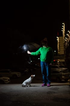 Woman sheltering jack russell terrier dog under umbrella from rain