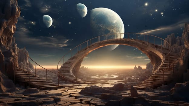 In the vast expanse of space, a magnificent bridge stretches, crafted with fantastical elements, connecting worlds unknown. Generative AI.