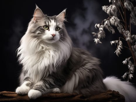 Resting Norwegian Forest Cat on a black background.