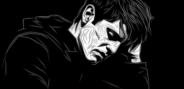 Youth and mental health. Abstract portrait of a young man suffering from depression and loneliness in vector line art style. Template for poster, t-shirt, sticker... 