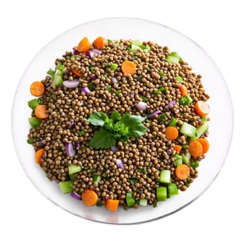 Lentil salad with cooked lentils diced carrots celery and red onion tossed in a Dijon. Food isolated on transparent background