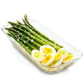 Asparagus and egg salad with blanched asparagus hard boiled eggs and fresh chives drizzled with. Food isolated on transparent background