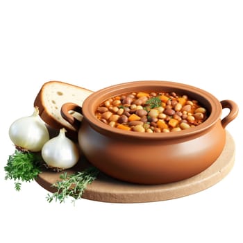 Georgian lobio bean stew onions herbs spices served in a clay pot bread on the. close-up food, isolated on transparent background
