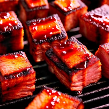 Pork belly burnt ends caramelized cubes BBQ sauce glaze dripping Food and Culinary concept. Food isolated on transparent background.