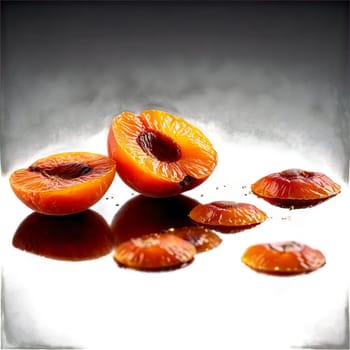 Dried apricots plump and vibrant orange soaring through the air with a trail of golden. Food isolated on transparent background.