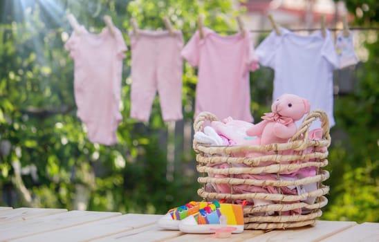 Children's clothes are dried outside. Selective focus