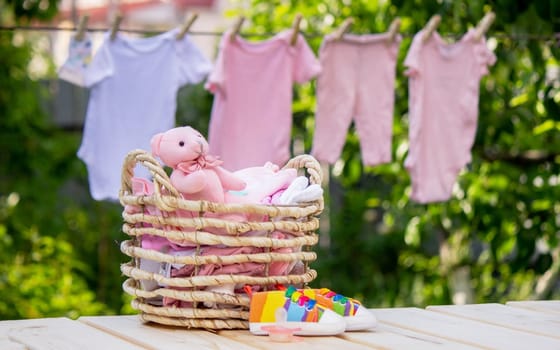 Children's clothes are dried outside. Selective focus