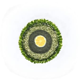 Kombu mandala a savory mandala of kombu seaweed with powder steeping and steam rising. Food isolated on transparent background.