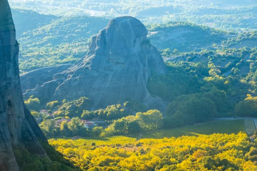Summer Greece on a sunny day. A bizarre rock with ancient caves in the mountains of Thessaly