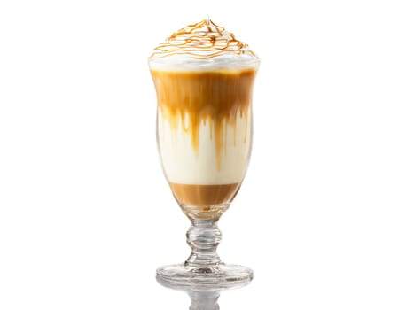 Macchiato A layered macchiato in a delicate glass with caramel drizzled over the foam. Drink isolated on transparent background.