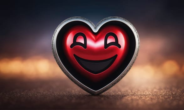 A silver heart-shaped object with a red smiley face sits on a brown, textured surface. The background is blurred and out of focus, but there are faint orange lights in the distance.