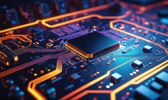 A circuit board with orange and blue colored lights illuminating the intricate network of lines and components. A large black processor is in the center, with smaller components surrounding it.