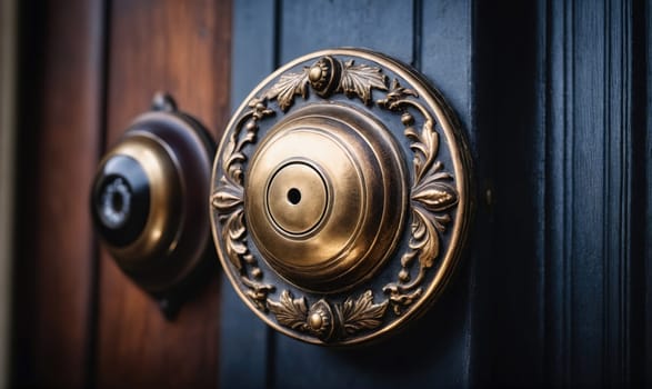 A detailed, ornate brass doorbell is attached to a dark wooden door. The doorbell has a round shape with a decorative design around the edge
