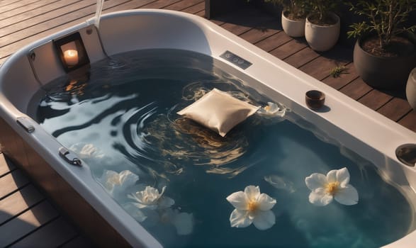 A white bathtub filled with blue water sits on a wooden deck. The bathtub has a soft, white pillow floating in the water. Several white flowers are also floating in the water