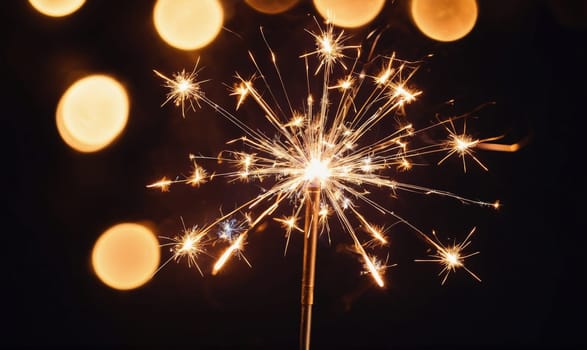 A single sparkler is lit, creating a bright, star-shaped pattern in the night sky. Out-of-focus, circular lights are in the background.