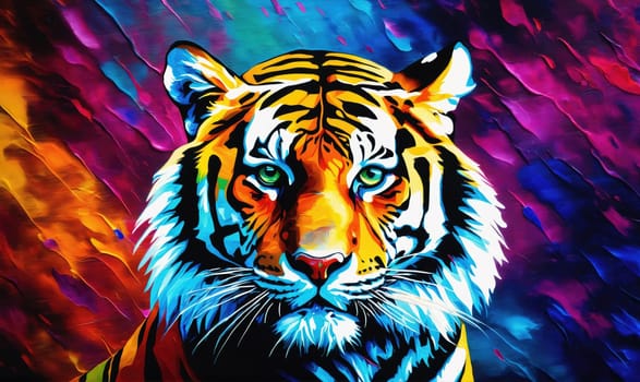 A colorful painting depicts a tiger's face in close-up. The tiger's fur is painted with orange, black, and white stripes. Its green eyes stare directly at the viewer, and its mouth is slightly open