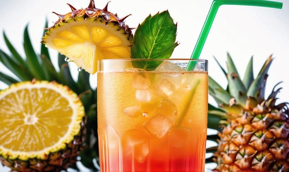 A tall glass filled with a layered, orange and red cocktail. The glass has a green straw and is garnished with a pineapple wedge and a green leaf. There are two pineapples on either side of the glass.