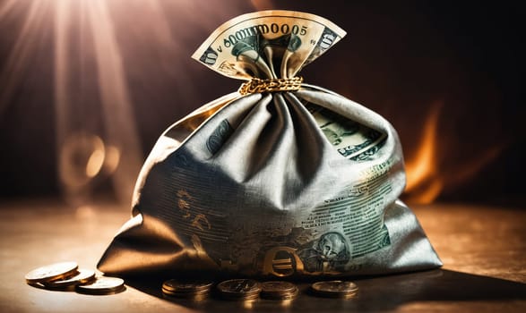 A large, white money bag is sitting on a wooden table. The bag is tied with a gold rope and has a stack of bills poking out of the top. Several coins are scattered around the bag on the table.