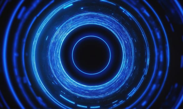 A digital, glowing, blue light ring rotates in a dark space, with multiple layers of light, creating a futuristic and abstract image.