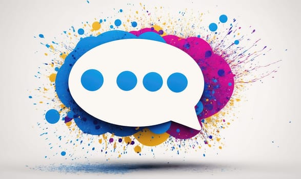 A white speech bubble with a rounded corner and a tail is shown on a white background. The bubble has four blue dots inside of it