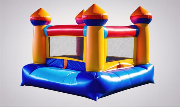 A blue and yellow bounce house with castle-shaped towers is fully inflated and sits on a white background. The bounce house has a large open space for jumping and clear mesh walls.
