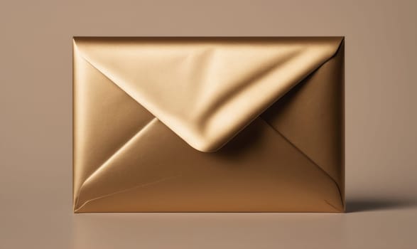 A closed, gold envelope rests on a light brown, smooth surface. The envelope has a flap that is folded down, and the crease is visible