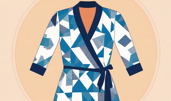 A women's wrap dress with a geometric pattern in shades of blue on a white background. The dress has a navy blue collar and tie, and three-quarter sleeves with navy blue cuffs