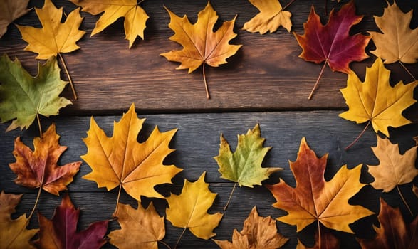 A close-up image of fall foliage. The leaves are arranged in a casual pattern on a dark wooden plank, creating a warm and inviting scene.