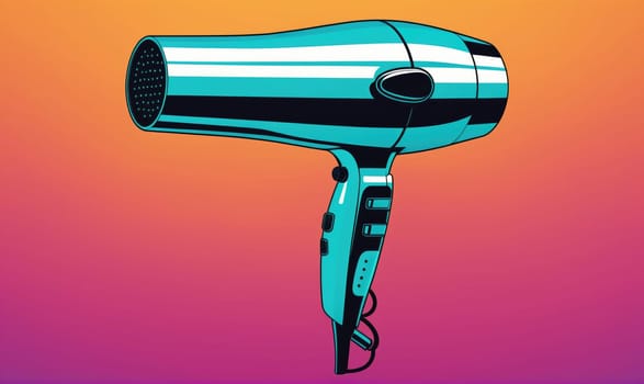 An illustration of a blue hair dryer with a black handle and a white label that reads CALME on a bright orange and pink gradient background.