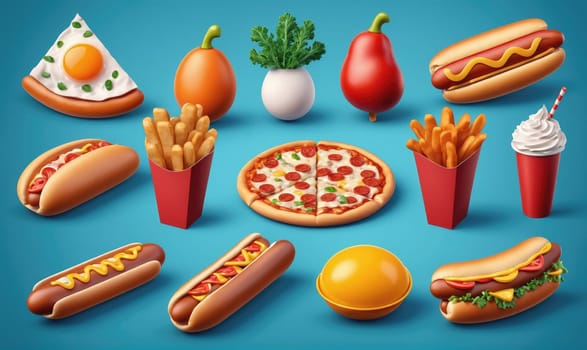 The image features hot dogs, pizza, french fries, a milkshake, and other food items.