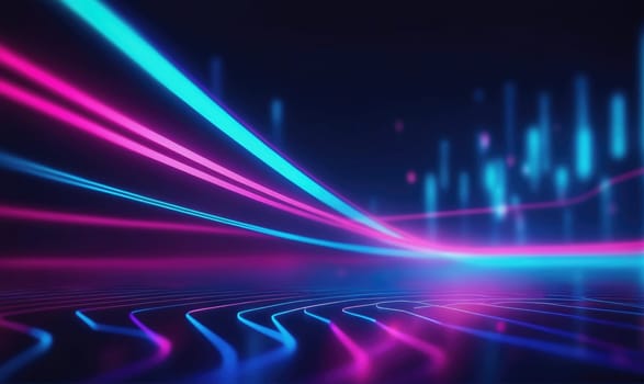 Neon lines of pink and blue travel across a dark digital background with glowing blue vertical lines in the distance and a wavy pattern on the surface.