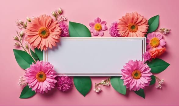 A white card with a thin gold border is surrounded by pink and orange flowers with green leaves on a light pink background.