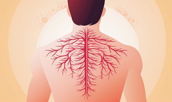 A red, tree-like pattern extends from the spine of a man viewed from behind. The background is a soft yellow.