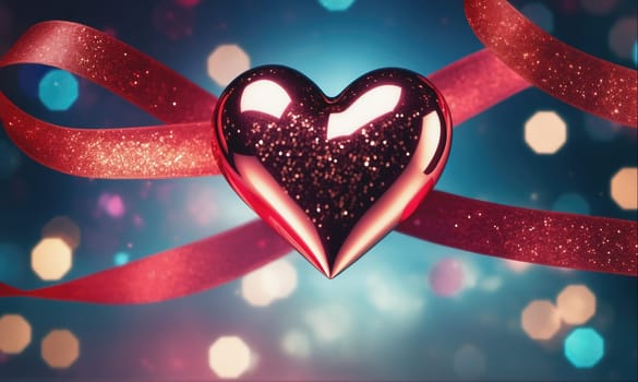 A shiny, red, heart-shaped ornament with glitter is wrapped with a red, glittery ribbon against a blue background with out-of-focus sparkling lights.