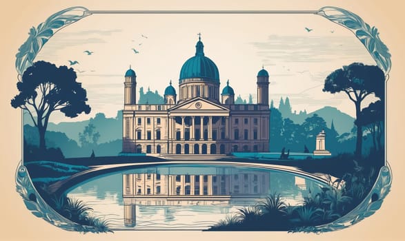 A large, white building with a blue dome sits in front of a pond, reflecting its image. The building is surrounded by trees and grass, creating a tranquil park setting