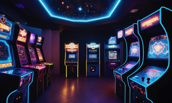 A room with a low ceiling decorated with blue neon lights and a starry sky backdrop is home to a row of vintage arcade game machines. The machines are brightly lit with colorful, pixelated graphics