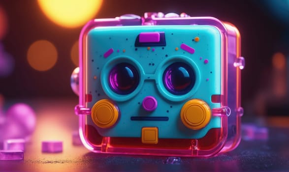 A brightly colored toy camera is sitting on a table. It has a transparent casing with a pink frame, revealing a blue body with yellow and pink details