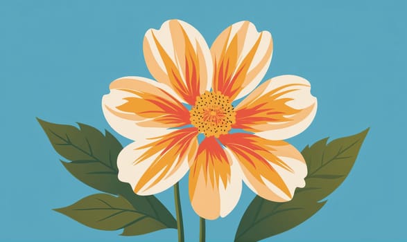 A stylized, colorful image of a flower with large white petals and orange veins. The flower's center is yellow and orange. Two large green leaves are visible at the bottom of the image.