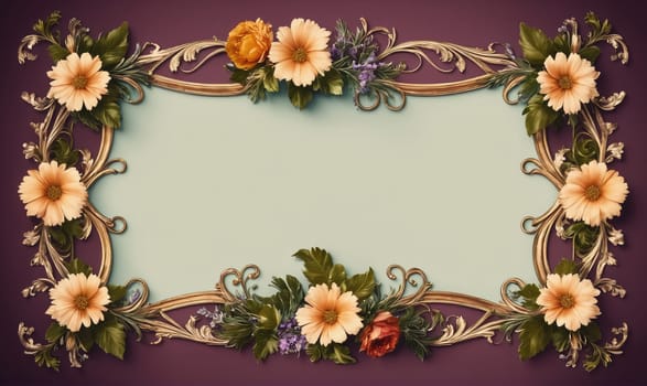 A rectangular frame made of gold, with intricate swirling patterns, is decorated with orange and yellow flowers, leaves, and sprigs of lavender. The background is a deep maroon.
