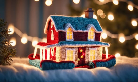 A small, knitted house with a blue roof and red walls sits on a white, fluffy surface. The house has a chimney and windows that are lit with small lights