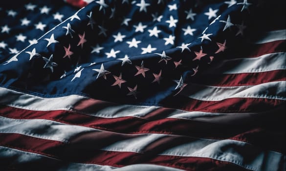 A detailed view of the American flag, highlighting the red and white stripes and the blue field with white stars. The flag is waving in the wind, creating a sense of movement and patriotism.