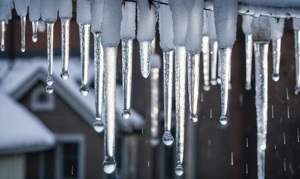 A close-up view of icicles hanging from a roof. The icicles are melting and dripping water. The background is blurred and shows a snow-covered roof.